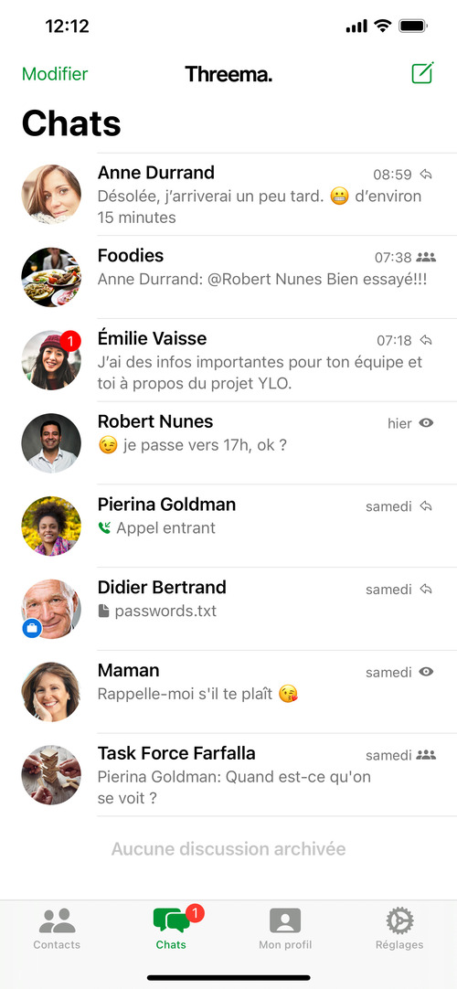 Aperçu des messages dans la version mobile iOS de l’application de messagerie sécurisée Threema